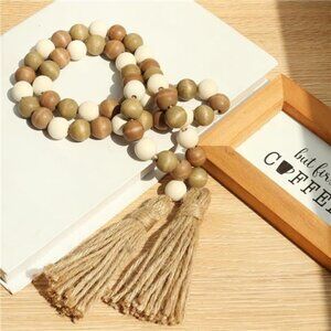 Wood Bead Garland, 39in Farmhouse Beads with Tassels Boho Beads for Tiered Tray